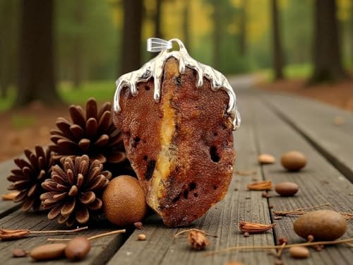 LeoLars-PABE großer Nordsee Bernstein Design Anhänger aus 925er Silber, gelb-braun mit natürlicher Oberfläche, Tropfendesign, beidseitig tragbar, Unikat, Handarbeit, Unisex