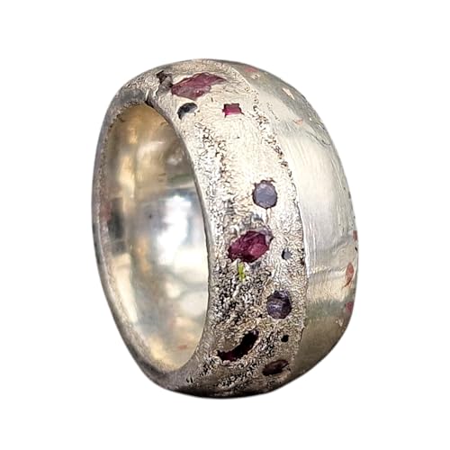 LeoLars-PABE Sandguss Chaos Design Ring aus 925er Silber, massiv, Größe 54 (17,2), verschieden farbige Saphiren, halbpoliert, halb Sandguss Oberfläche, Nr.135, Unikat, Handarbeit