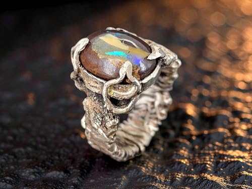 LeoLars-PABE Spannender Boulder Opal Design Ring, Gr. 57-58, (18,4) aus 925er Silber teilgeschwärzt, tolles Ring Design, grünes Opalfeuer aus Adern, Unikat, Handarbeit