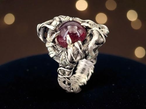 LeoLars-PABE Magischer Granat Design Ring, Gr. 62 (19,7), aus teilgeschwärztem 925er Silber, organisch, verschnörkelt, wild, Krallenfassung, Unikat, Handarbeit, Unisex