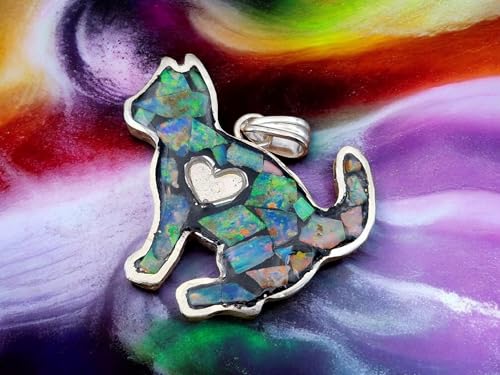 LeoLars-PABE Multicolor Opalsplitter (Lightning Ridge), Katzen Design Anhänger aus 925er Silber, Opale in Kunststoff eingegossen, Katze, Katzen und Opalliebhaber, bunt, Handarbeit, Unikat, Unisex