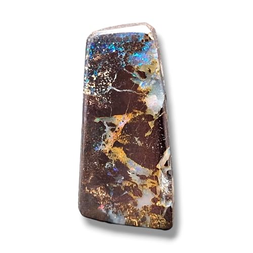 gebohrter Boulder Opal Anhänger mit 60cm Lederband, Opal mit Muster und blauem Opal Pinfire und partiell orange-rotem Opalfeuer, Maße: 23,7mm x 12,5mm x 7mm, Unikat, Handgeschliffen