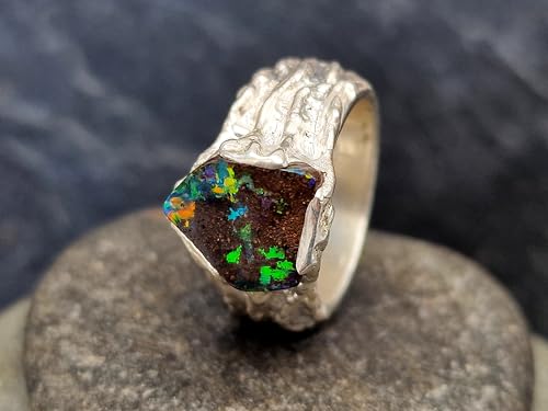 LeoLars-PABE Boulder Opal Design Ring aus 925er Silber, Gr. 57 (18,2), Opal Multicolor Opalfeuer, 12,9 x 10,5mm, Organisch fließendes gewachsenes Design, Unikat, Handarbeit