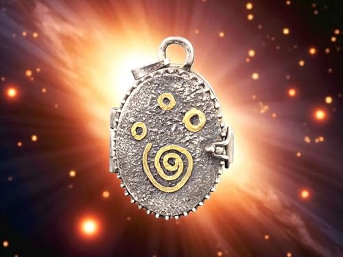 LeoLars-PABE Magisches Medaillon Anhänger Spirale des Lebens unter Sternen aus 925er Silber und Feingold Elementen, verspielt, mystisch, teilgeschwärzt, Unikat, Unisex, Handarbeit