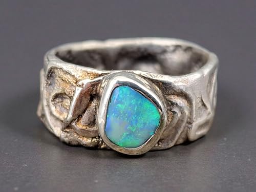 LeoLars-PABE Design Ring aus 925er Silber mit Lightning Ridge Opal, Gr. 60-61 (19,3), Opalfeuer in tollem grün und blau, rustikal, verspielt, Unikat, Handarbeit