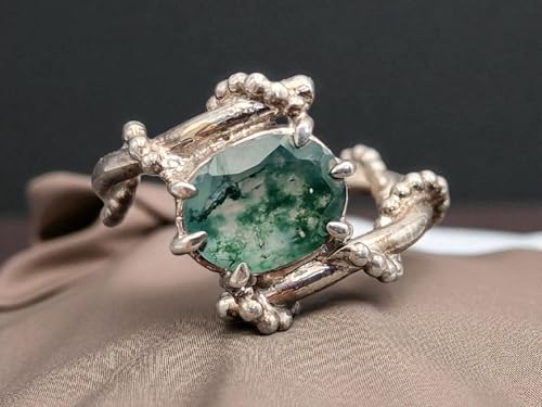 LeoLars-PABE Verspielter Design Moosachat Ring aus 925er Silber, Gr.56 (18), Nr. 0106, herrlich grün mit Innenleben, oval facettiert, Unikat, Handarbeit