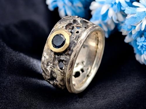 LeoLars-PABE Parti Saphir Lava Design Ring aus 925er Silber und 585er Goldfassung, Ring teilgeschwärzt wie erstarrte Lava, Saphir in grün und blau, Unikat, Handarbeit, Größe 56 (17,8)