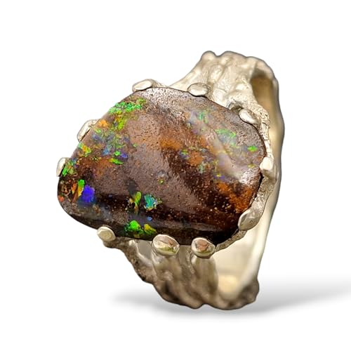 LeoLars-PABE Multicolor Boulder Opal Design Ring, Gr. 63 (20), aus 925er Silber, Organisch fließend mit angepasster aufgeriebener Krappenfassung, Opal 16,5x13mm, Unikat, Handarbeit