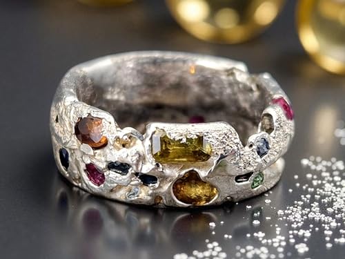 LeoLars-PABE Sandguss Chaos Design Ring, Gr.55 (17,5), aus 925er Silber mit echten eingegossenen Edelsteinen, Sandguss typische Oberflächen Struktur, Nr. 157, Unikat, Handarbeit