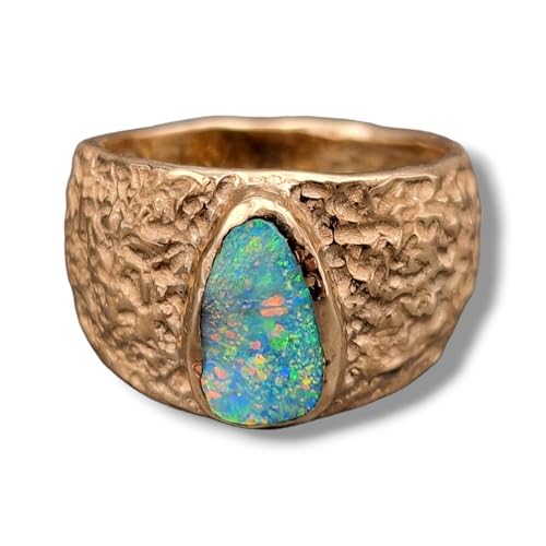 Wunderschöner Lightning Ridge Opal Design Ring aus 585er Gelbgold mit herrlicher Oberflächen Struktur, Gr. 58-59 (18,5), Opal - intensiv Multicolor Opalfeuer, 12x6,8mm, Unikat, Handarbeit