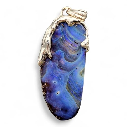 schöner großer Boulder Opal Anh. im Tropfendesign, aus 925er Silber, Opal Picture Stone mit verschiedenen gemeiner Opalschicht und partiellem Opalfeuer in blau und grün, Unikat, Handarbeit