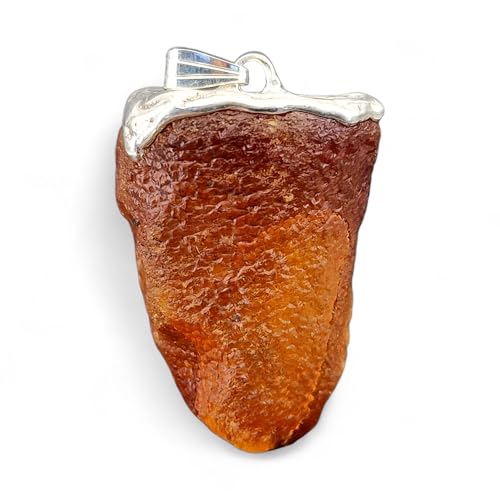 LeoLars-PABE Nordsee Bernstein Design Anhänger aus 925er Silber, unbearbeitet, natürlich, klar, Orange, schöne Oberflächen Struktur, 37mm x 24,8mm, Unikat, Design, Unisex