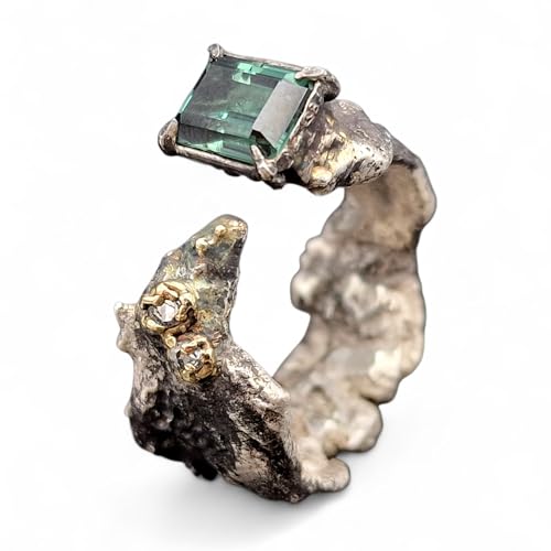 LeoLars-PABE Krasser offener Design Ring, Gr.57 (18,3), aus geschwärztem 925er Silber mit grünblauem Turmalin und 2 Labgrown Diamanten in 585er Gelbgoldfassung, Stein Optik, Unikat, Handarbeit