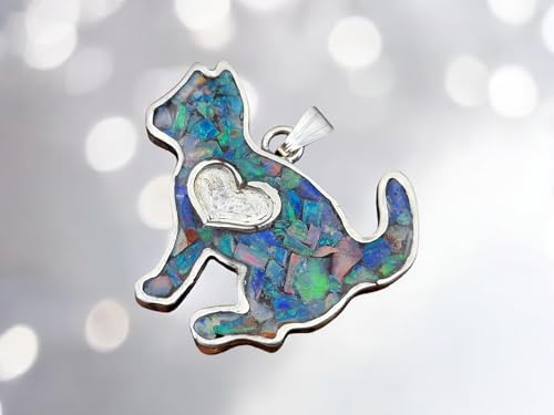 Lightning Ridge Opalsplitter Katzen Anhänger aus 925er Silber, Opale in Kunststoff eingegossen, feines Multicolor, Opalfeuer, Katze, Katzen-und Opalliebhaber, bunt, Unikat, Unisex, Handarbeit