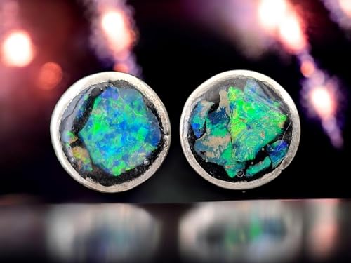 Lightning Ridge Opalsplitter Ohrstecker aus 925er Silber mit Flügelmuttern, mit mehrfarbigem Opalfeuer, in Kunststoff eingegossen, Unikat, Handarbeit