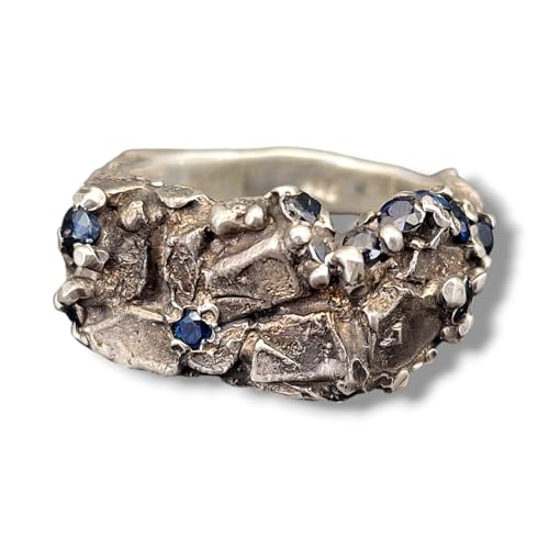LeoLars-PABE Design Ring aus 925er Silber mit kleinen blauen eingearbeiteten Saphieren in The Rock Optik, Unisex, Gr64 (20,3) Optisch wie aus Stein geschlagen, Unikat, Handarbeit