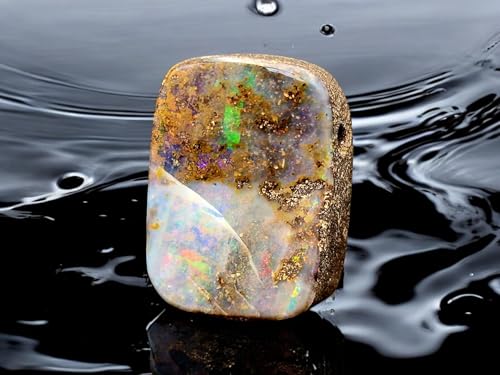 gebohrter Boulder Opal Anhänger mit 60cm Lederband, Opal mit Multicolor Opalfeuer in klarer Opalschicht, Wachstumsriss - doch stabil, 27,6 x 20,4 x 9,8mm, Unikat, Handgeschliffen