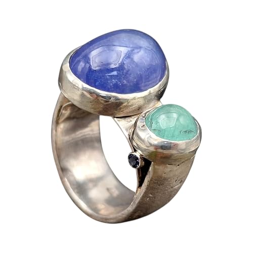 LeoLars-PABE Tansanit und heller Smaragd Ring mit 2 Saphiren als Akzentstein aus 925er Silber, groß, massiv, schwer, harmonisch, Gr.57(18,3), Unikat, Handarbeit
