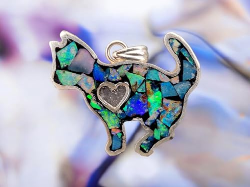 LeoLars-PABE Lightning Ridge Opalsplitter Katzen Anhänger aus 925er Silber, tolles Multicolor Opalfeuer, Opale in Kunststoff eingegossen, Katze, Katzen-Opalliebhaber, Herz, Unikat, Handarbeit, Unisex