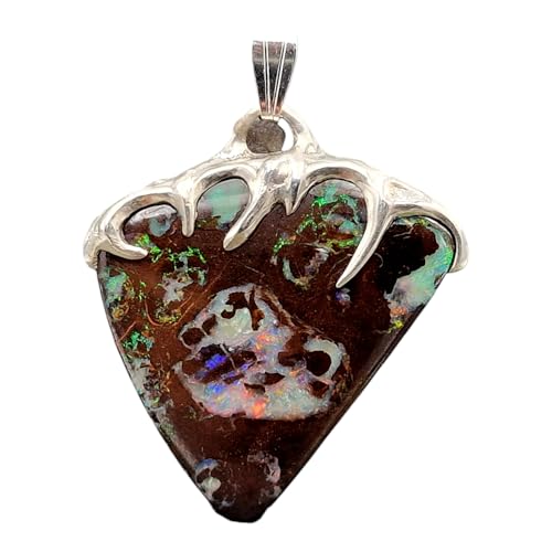 LeoLars-PABE Tribal Design Boulder Opal Anhänger aus 925er Silber, Opal beidseitig, schönes Muster, mehrfarbiges Opalfeuer, Unikat, Handarbeit, Anhängermaße: 34,5mm x 31,7mm x 7mm