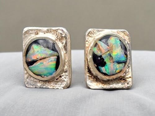 Lightning Ridge Opal Ohrstecker aus 925er Silber, Multicolor Opalsplitter Mosaik, mit Flügelmutter, Unikat, Handarbeit, Unisex