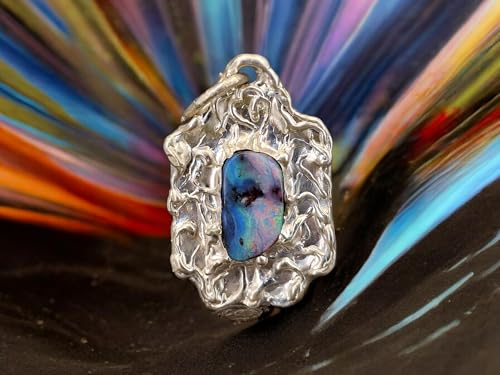 LeoLars-PABE Toller Boulder Opal Design Anhänger mit organisch gestaltetem Rahmen aus 925er Silber, Opal - Picture Stone mit mehrfarbigem Opalfeuer, 16x9mm, Unikat, Handarbeit