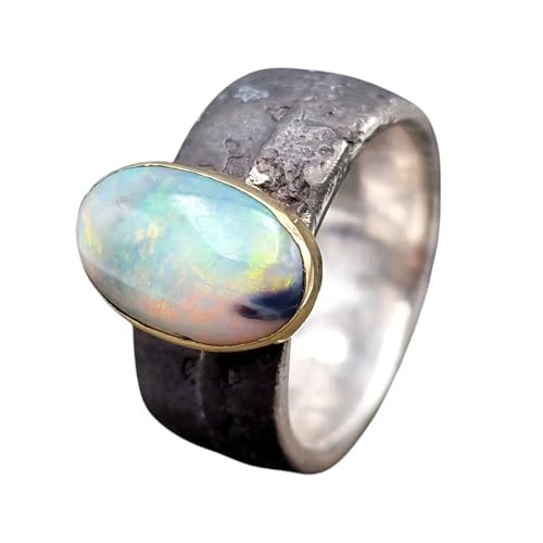 LeoLars-PABE Lava Design Ring mit Lightning Ridge Opal in Pastell mehrfarbigem Opalfeuer in 585er Gelbgold Fassung, Ring aus geschwärztem 925er Silber, Größe 56/57 (18), Unikat, Handarbeit