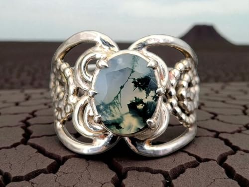 LeoLars-PABE Verspielter und verschnörkelter Moosachat Design Ring aus 925er Silber, Gr.54-55(17,5), Nr. 0108, Unikat, Handarbeit