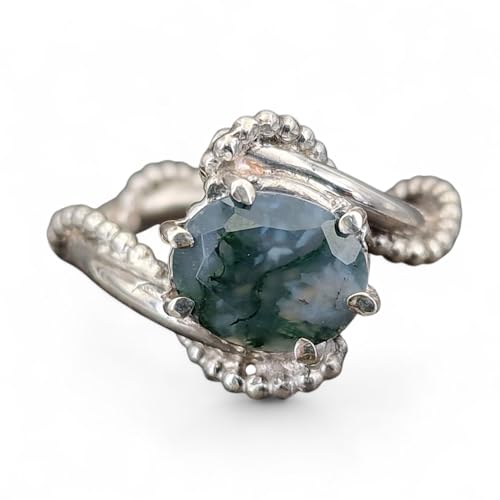 LeoLars-PABE Design Moosachat Ring, Gr. 58-59 (18,7) aus 925er Silber, geschwungen und mit Perldraht verziert, Krappenfassung, Unikat, Handarbeit