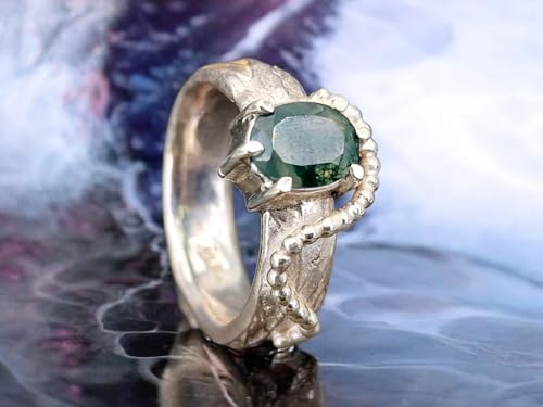 LeoLars-PABE Moosachat Kräuterdesign 420 Ring, Gr. 54 (17,3), aus 925er Silber mit echter Kräuter Oberflächen Struktur, verspielt, Unikat, Handarbeit