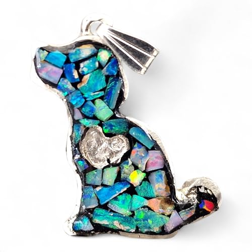 LeoLars-PABE Multicolor Lightning Ridge Opalsplitter Hunde Design Anhänger aus 925er Silber, Opale in Kunststoff eingegossen, Hunde Welpe, Herz, Hundeliebhaber, Unikat, Handarbeit, Unisex