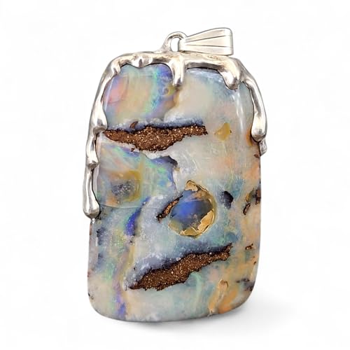 LeoLars-PABE Boulder Opal Anhänger im Tropfen Design aus 925er Silber, Picture Stone, tolles Muster, partielles mehrfarbiges Opalfeuer, Unikat, Handarbeit, Unisex
