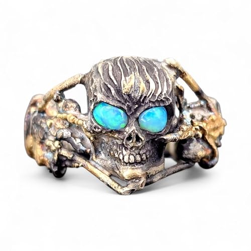 Kunstvoller hochwertiger Biker-Skull Ring in Bicolor mit 2 Lightning Ridge Opalen in grün-blau, Gr.59 (19), aus 925er Silber geschwärzt und Feingold Elementen, Kunstwerk, Totenschädel, Schädel, Unikat