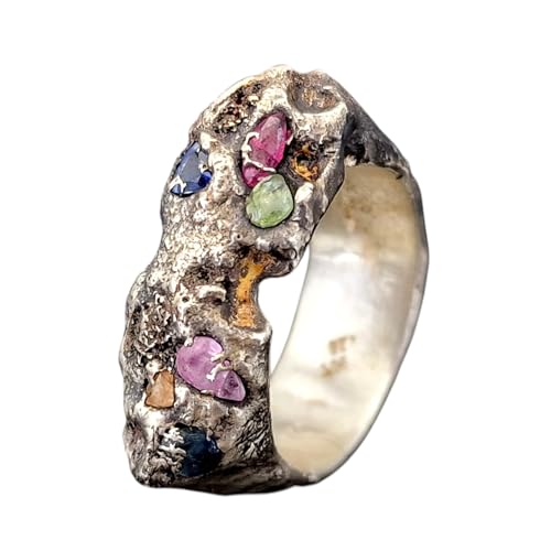 LeoLars-PABE Teilgeschwärzten Design Chaos Sandguss Ring aus 925er Silber, Größe 60-61(19,2), mit echten eingegossenen Saphiren in verschiedenen Farben und Formen, Nr. 134, Unikat, Handarbeit, Unisex