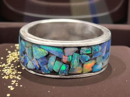 LeoLars-PABE Lightning Ridge Opal Mosaik Design Ring, Gr.57-58 (18,3), aus 925er Silber, Opalsplitter intensiv Multicolor, Unikat, Handarbeit