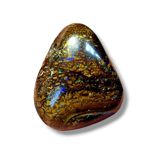 gebohrter Boulder Opal Anhänger mt 60cm Lederband, Opal - mit herrlichem Muster und Opalfeuer in grün und blau als Pinfire und aus kleinen Opaladern, 22,5 x 20,2 x 9,7mm, Unikat, Handgeschliffen