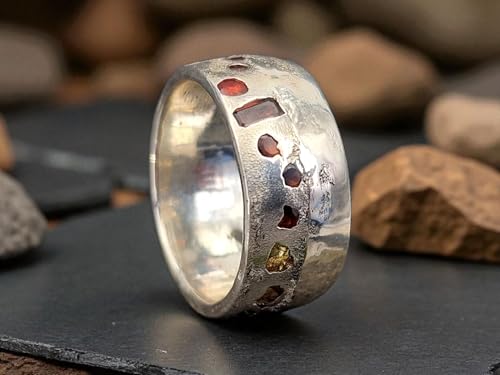 LeoLars-PABE Design Sandguss Chaos Ring, Gr.60 (19,2), aus 925er Silber mit echten eingegossenen Edelsteinen, Unikat, Handarbeit, Nr. 156