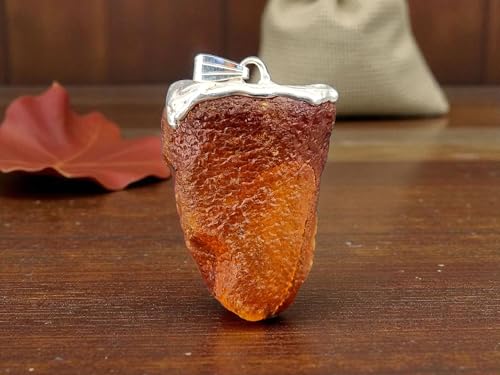 LeoLars-PABE Nordsee Bernstein Design Anhänger aus 925er Silber, unbearbeitet, natürlich, klar, Orange, schöne Oberflächen Struktur, 37mm x 24,8mm, Unikat, Design, Unisex