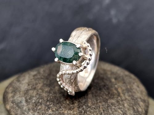 LeoLars-PABE Moosachat Kräuterdesign 420 Ring, Gr. 54 (17,3), aus 925er Silber mit echter Kräuter Oberflächen Struktur, verspielt, Unikat, Handarbeit