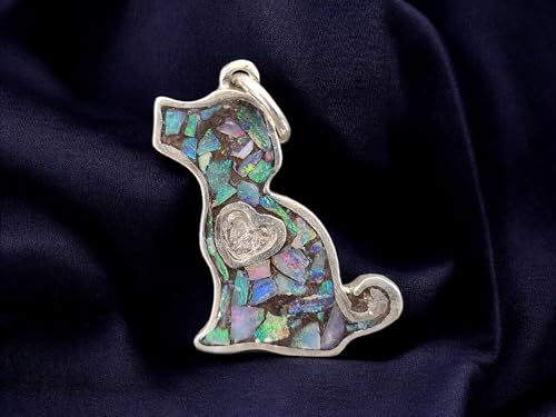Lightning Ridge Opalsplitter Hunde Anhänger aus 925er Silber, Multicolor Opalfeuer, Opale in Kunststoff eingegossen, Hund, Welpe, Herz, Hunde und Opalliebhaber, Unikat, Unisex, Handarbeit