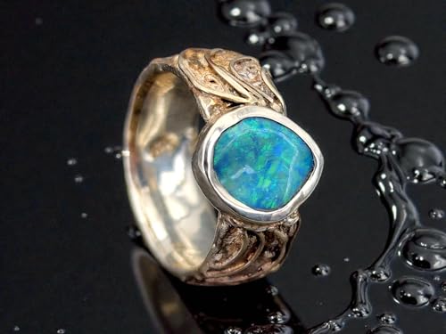 LeoLars-PABE Lightning Ridge Opal Design Ring, Gr. 56 (18), aus 925er Silber, Rustikal, verspielt, Opalfeuer in grün und blau, Unikat, Handarbeit