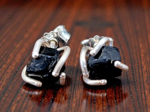 Ohrstecker mit Melanit Rohsteinen, aus 925er Silber mit Flügelmuttern, fast schwarz, Unikat, Handarbeit