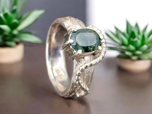 LeoLars-PABE Moosachat Kräuterdesign 420 Ring, Gr. 54 (17,3), aus 925er Silber mit echter Kräuter Oberflächen Struktur, verspielt, Unikat, Handarbeit