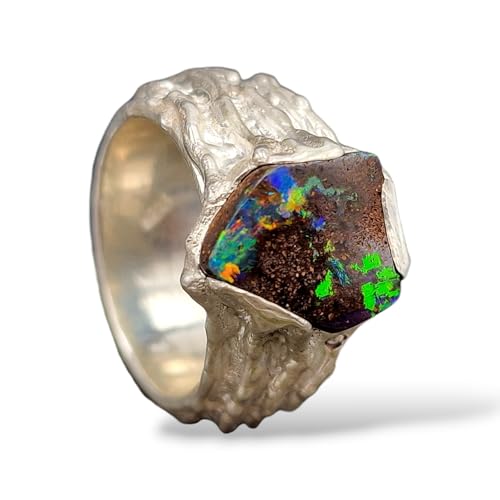 LeoLars-PABE Boulder Opal Design Ring aus 925er Silber, Gr. 57 (18,2), Opal Multicolor Opalfeuer, 12,9 x 10,5mm, Organisch fließendes gewachsenes Design, Unikat, Handarbeit