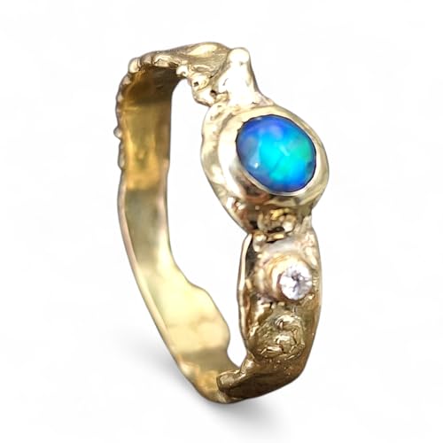 LeoLars-PABE Lightning Ridge Opal Design Ring aus 585er Gelbgold, Gr. 57-58 (18,4), angeschmolzenes Design, Diamant als Akzentstein, grünes Rolling Flash Opalfeuer, Unikat, Handarbeit