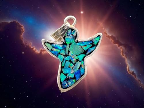 LeoLars-PABE Knallbunter Design Engel Anhänger aus 925er Silber mit Lightning Ridge Opal Splittern, tolles Multicolor Opalfeuer, in Lichtgehärtetem Kunststoff, Unikat, Handarbeit, Unisex