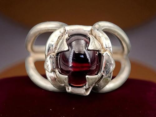 LeoLars-PABE Magisch mystischer Granat Design Ring, Gr. 59 (18,7) aus 925er Silber, Granat-blutrot als ovaler Cabochon, Magier Ring, Unikat, Handarbeit