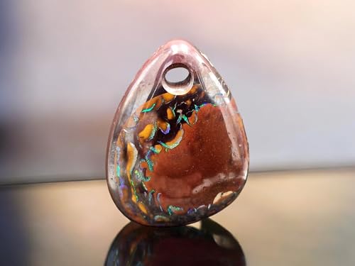 Boulder Opal Anhänger Yowah Nuss mit Frontbohrung und 60cm Lederband, Opal - tolles Muster beidseitig, grün-blaues Opalfeuer, 24,8 x 18,9 x 8,7mm, Unikat, Handgeschliffen