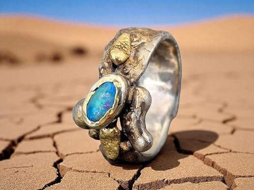 LeoLars-PABE Lightning Ridge Opal Design Ring, Gr.58 (18,5), aus 925er Silber mit 585er Gold Elementen, Roh, Stylisch, Anders, Individuell, Unikat, Handarbeit