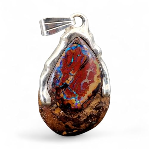 LeoLars-PABE Tropfen Design Boulder Opal Anhänger aus 925er Silber, Opalnuss mit grünen und blauen Opaladern mit Opalfeuer, Unikat, Handarbeit, Unisex